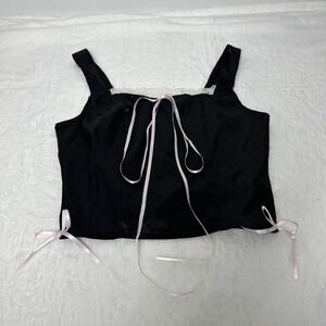 Black Y2K Bow Tank Top Pink Ribbon White Lace Size Small NWT Coquette Fairy